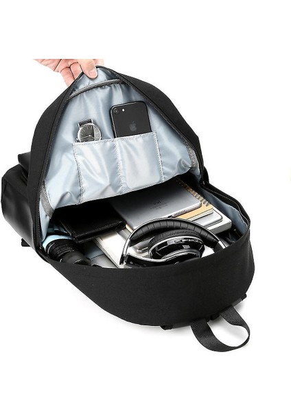 (Siyah) Pu Deri Çalışmak Için Seyahat Sırt Çantası Bilgisayar Sırt Çantası USB Şarj Gençlik Okul Çantası (Yurt Dışından)