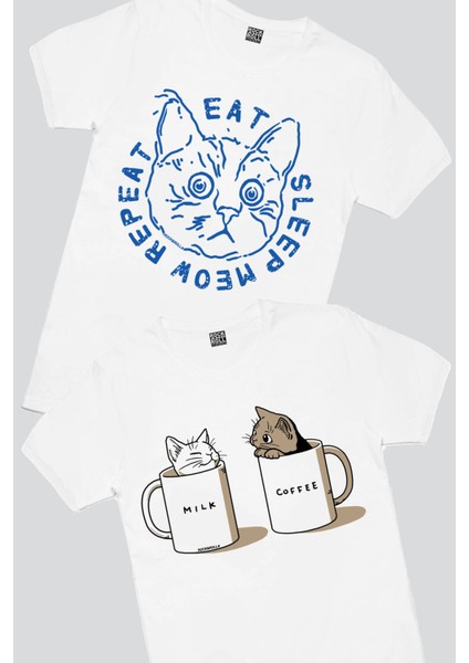 Şaşkın Kedi Beyaz, Sütlü ve Sade Erkek Tişört 2'li Eko Paket