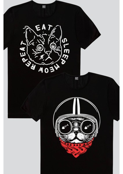 Şaşkın Kedi Siyah, Kasklı Kedi Erkek Tişört 2'li Eko Paket