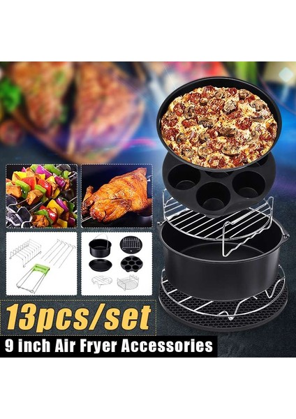 13 Adet Yui / Xiaomi / Philips / Kumtel Uyumlu 9 inç Air Fryer Aksesuarları - Siyah (Yurt Dışından)