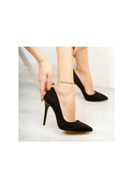 Kadın Siyah Süet Ince Yüksek Topuklu 8-9 cm Sivri Burun Stiletto Günlük Ayakkabı