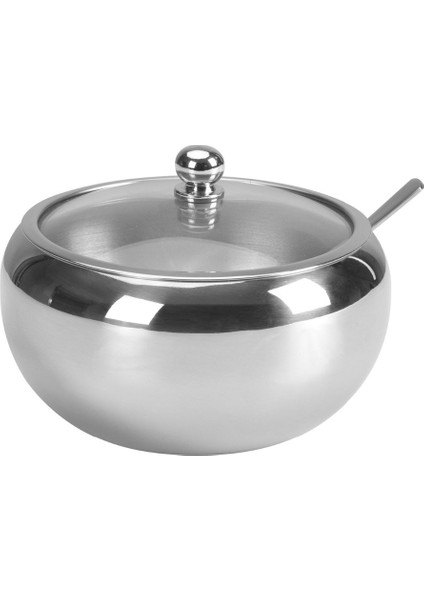 Büyük Şeker Kase Paslanmaz Çelik Şeker Kase Cam Kapak ve Kaşık Baharat Baharat Kase Konteyner | Spice biber Çalkalayıcılar (Yurt Dışından)