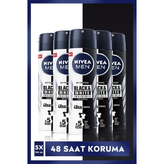 NIVEA Men Erkek Sprey Deodorant Black&White Invisible Original 48 Saat Anti-Perspirant Koruma 150 ml x 5