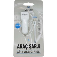 Veltex 3.4A Çift Girişli (Apple iPhone Uyumlu) Kablolu Araç Şarj Aleti Veltex VTX-030