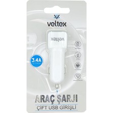 Veltex 3.4A Çift Girişli (Apple iPhone Uyumlu) Kablolu Araç Şarj Aleti Veltex VTX-030