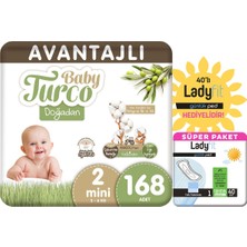 Baby Turco Doğadan Avantajlı Paket Bebek Bezi 2 Numara Mini 168 Adet + Günlük Ped Normal 40 Adet