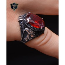 Gümüş Erkek Yüzük Kırmızı Zirkon Taşlı Şahin Figürlü