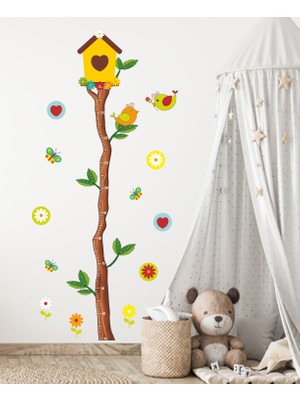 Sticker Sepetim Ağaç Dalı Boy Ölçer, Kuş Yuvası, Kuşlar, Kelebekler Çocuk Odası Dekoratif Duvar Dolap Sticker