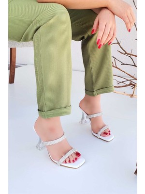 Pabuchh Kelly Kadın Deri Ince Bant Taş Detay Topuklu Ayakkabı Beyaz