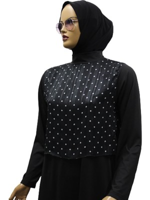 Eflin Kadın Giyim Hasema Siyah-Beyaz Puantiyeli Tam Kapalı Tesettür Mayo Büyük Bedenli