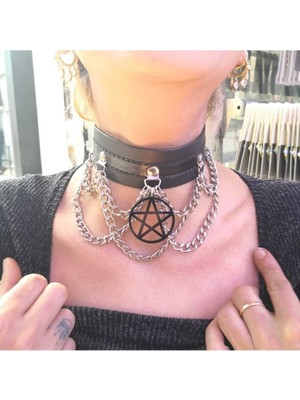 Pentagram Objeli Zincirli Chocker