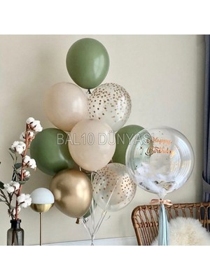 Küf Yeşili -Ten Rengi-Krom Gold-Konfetili Şeffaf Balon Demeti