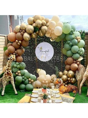 Best Parti Gold Küf Yeşili Karamel ve Ten Rengi Balon Zinciri 100 Adet+5 mt Balon Zinciri