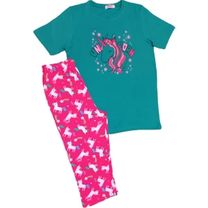 New Team Kız Çocuk Desenli Kısa Kollu Kapri Pantolonlu Pijama Takımı, 5 Yaş, Mavi Safir