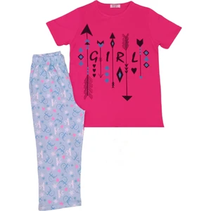 New Team Desenli Kısa Kollu Pantolonlu Kız Çocuk Pijama Takımı, 12 Yaş, Pembe