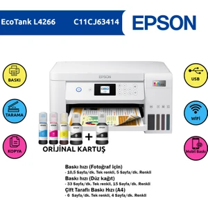 Ecotank L4266 Renkli Mürekkep Tanklı Yazıcı + Orijinal Epson (1x 127ML Bk, 3x 70ML Cmy) + Ekstra Siyah Mürekkep Seti C11CJ63414