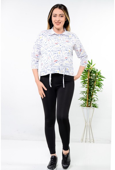 e-bizz store Kadın Yazılı ve Bağlama Detaylı Ges Kol Gömlek