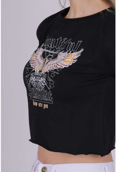 Giysa Kadın Beautiful Kartal Baskılı Siyah Tshirt