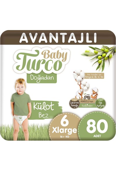 BabyTurco Baby Turco Doğadan Avantajlı Külot Bez 6 Numara Xlarge 80 Adet