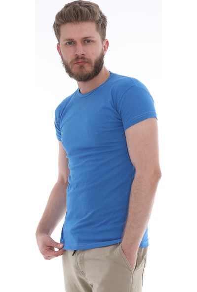 Bogda Erkek Slim Fit %100 Pamuklu Kısa Kollu Bisiklet Yaka T-Shirt Mavi