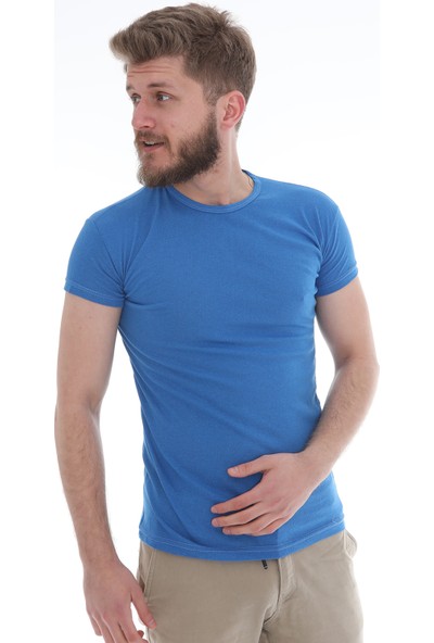 Bogda Erkek Slim Fit %100 Pamuklu Kısa Kollu Bisiklet Yaka T-Shirt Mavi