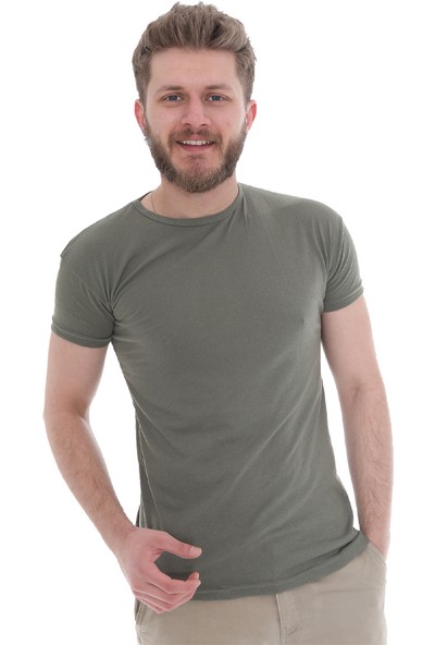 Bogda Erkek Slim Fit %100 Pamuklu Kısa Kollu Bisiklet Yaka T-Shirt Haki