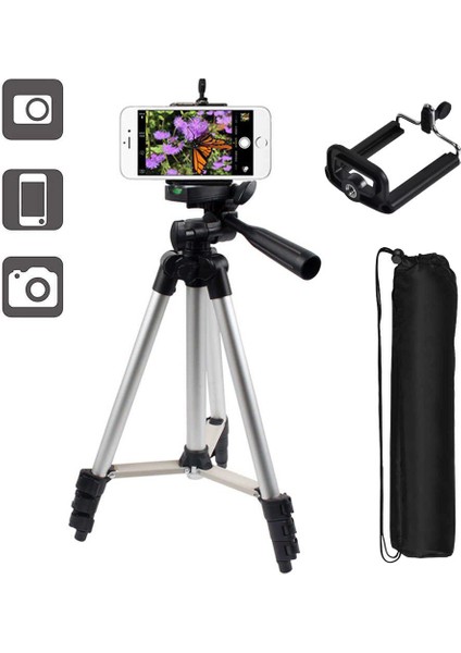 Cazipshop Cep Telefonları Için 135 cm Alüminyum Tripod Taşıma Çantalı Tripod + 3 Ayak Sehpa Telefon Tutucu