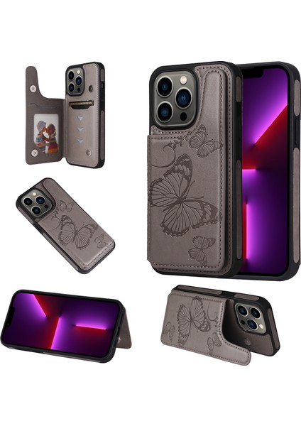Kelebek Kabartma Desen Kılıf Apple İphone 13 Pro Gri (Yurt Dışından)