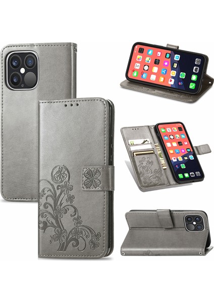 Apple İphone 13 Pro Dört Yapraklı Yonca Kabartmalı Pu Durumda Grey (Yurt Dışından)
