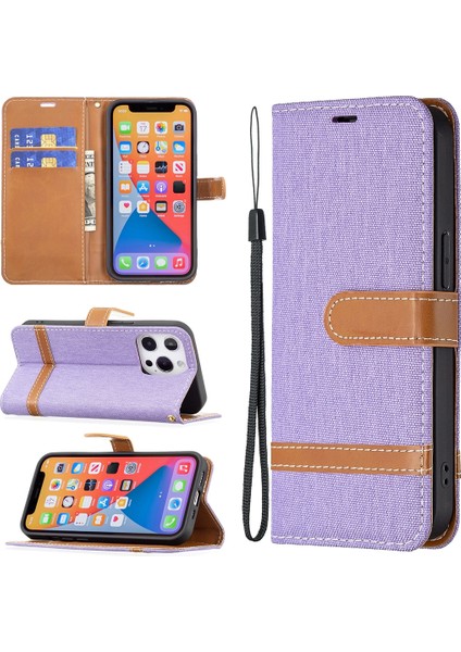Apple İphone 13 Pro Için Denim Doku Deri Kılıf Purple (Yurt Dışından)