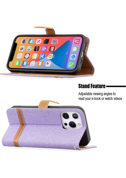Apple İphone 13 Pro Için Denim Doku Deri Kılıf Purple (Yurt Dışından)