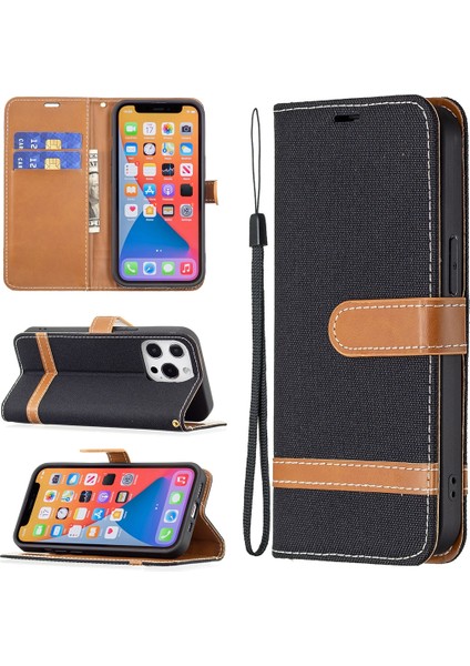 Apple İphone 13 Pro Için Denim Doku Deri Kılıf Black (Yurt Dışından)