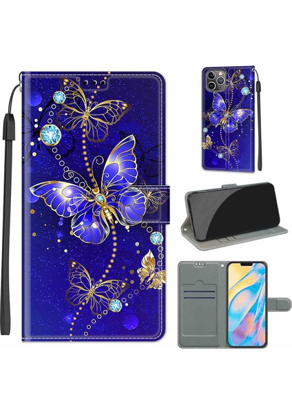 Renkli Çizim Manyetik Deri Kılıf Apple İphone 13 Pro Için C11 Blue Golden Chain Butterflies (Yurt Dışından)