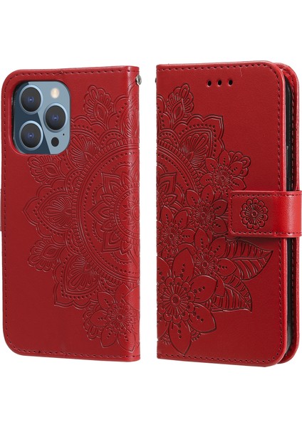 7-Petal Çiçekler Pu Kılıf Apple İphone 13 Pro Red (Yurt Dışından)