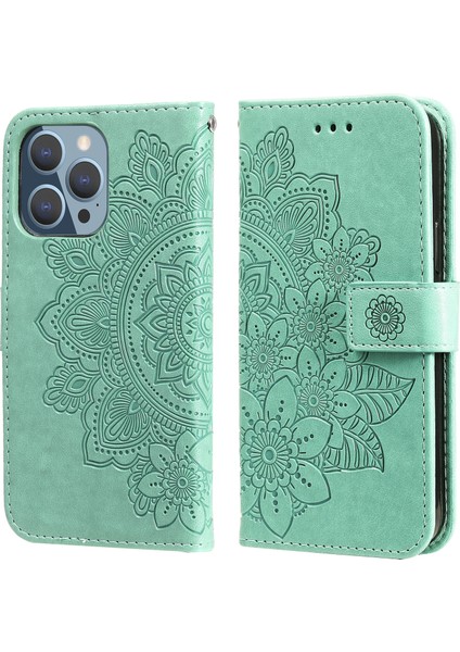 7-Petal Çiçekler Pu Kılıf Apple İphone 13 Pro Green (Yurt Dışından)