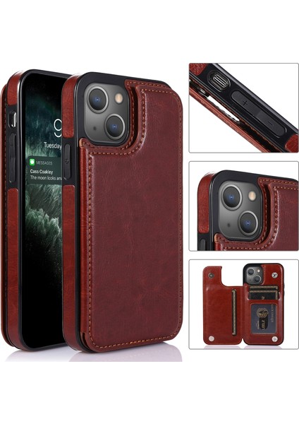 Apple İphone 13 Pro Için Çift Toka Koruyucu Pu Kılıf Brown (Yurt Dışından)