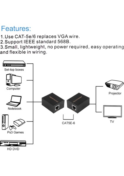 4896 RJ45 VGA Ek Uzatici CAT5E 6 Kablos Extender 60 Metre