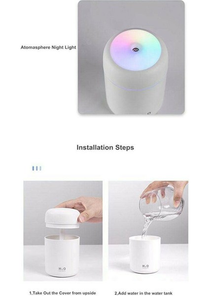 H2O Humidifier LED Işıklı Ulrasonik Hava Nemlendirici ve Aroma Difüzörü + 1 Adet Ortam Kokusu Hediye!