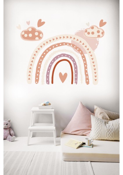 Çocuk Odası Duvar Sticker - Soft Renkli Iskandinav Stil Gökkuşağı Güneş ve Puantiyeli Bulutlar modelleri