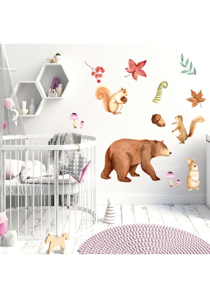 Sulu Boya Dolap Duvar Sticker - Sevimli Hayvanlar ve Yapraklar - Ayıcık, Tavşan, Sincap Duvar Dekoru