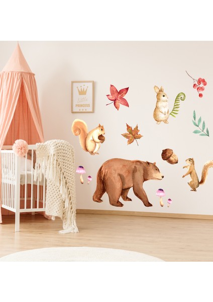 Sulu Boya Dolap Duvar Sticker - Sevimli Hayvanlar ve Yapraklar - Ayıcık, Tavşan, Sincap Duvar Dekoru fiyatları