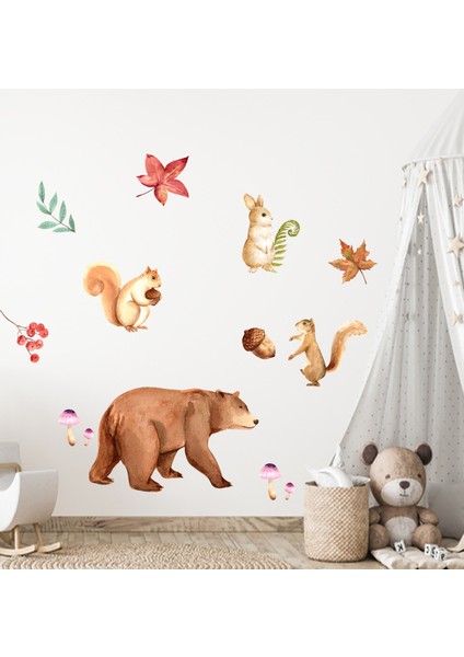 Sulu Boya Dolap Duvar Sticker - Sevimli Hayvanlar ve Yapraklar - Ayıcık, Tavşan, Sincap Duvar Dekoru modelleri