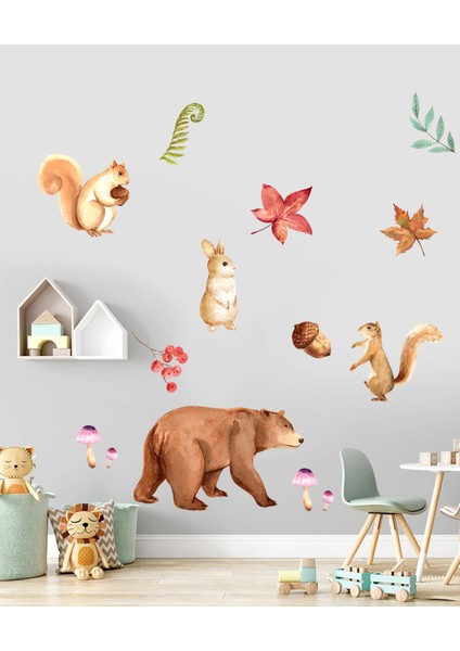 Sulu Boya Dolap Duvar Sticker - Sevimli Hayvanlar ve Yapraklar - Ayıcık, Tavşan, Sincap Duvar Dekoru fırsatları