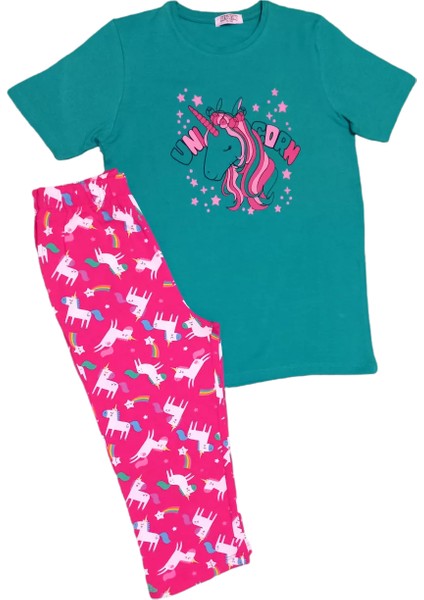 Kız Çocuk Desenli Kısa Kollu Kapri Pantolonlu Pijama Takımı, 5 Yaş, Mavi Safir
