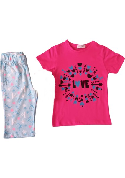 kız Çocuk Desenli Kısa Kollu Kapri Pantolonlu Pijama Takımı, 3 Yaş, Pembe