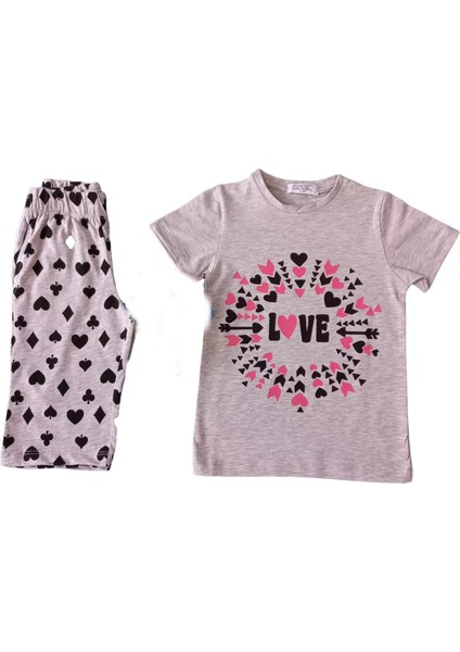 Kız Çocuk Desenli Kısa Kollu Kapri Pantolonlu Pijama Takımı , 5 Yaş, Gri