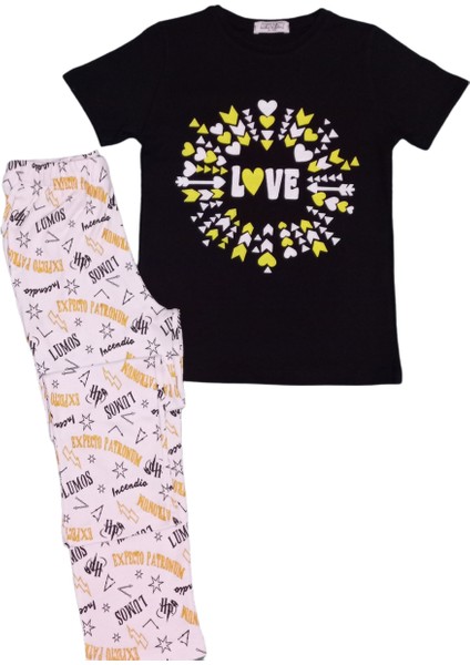 Desenli Kısa Kolu Pantolonlu Kız Çocuk Pijama Takımı, 10 Yaş, Siyah