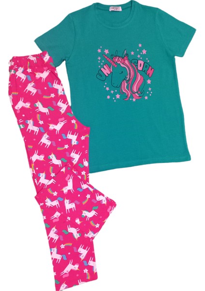 Desenli Kısa Kolu Pantolonlu Kız Çocuk Pijama Takımı, 5 Yaş, Mavi Safir