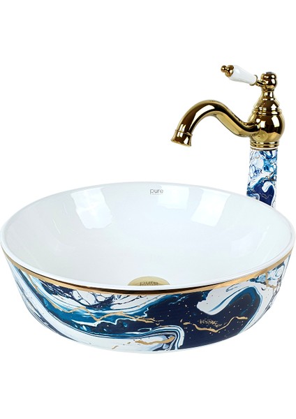 Pure Ebru Mavi Altın Tezgah Üstü Çanak Lavabo TR-131