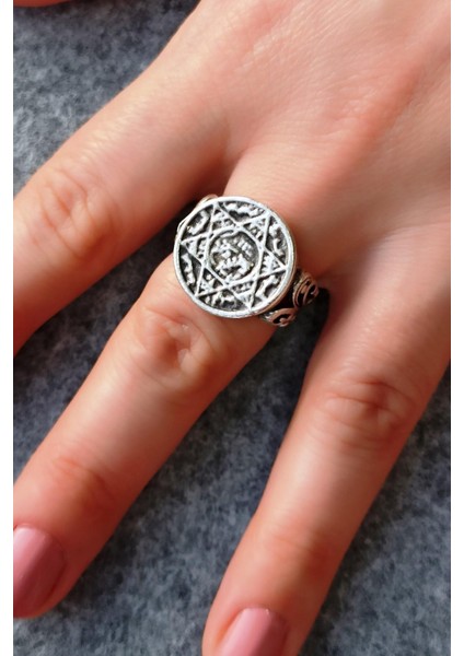 Antik Gümüş Kaplama Süleyman Mührü Davut Yıldızı Ayarlanabilir Yüzük